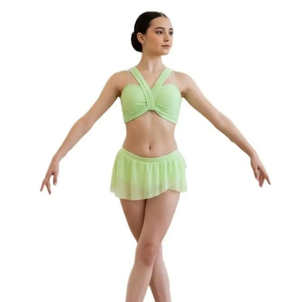 Double Platinum SET Lime Green Ribbed Knot Halter Dance top and Skirted brief AM